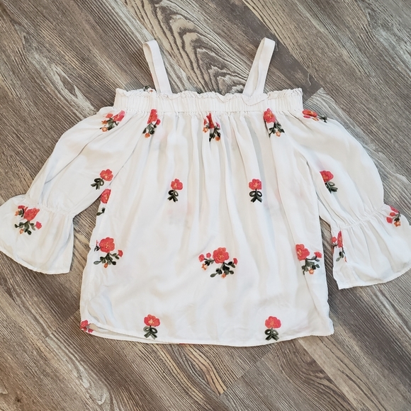 Maurice Womens XS Embroidered Boho Peasant Top Cold Shoulder White Ruffle Sleeve - Picture 6 of 8